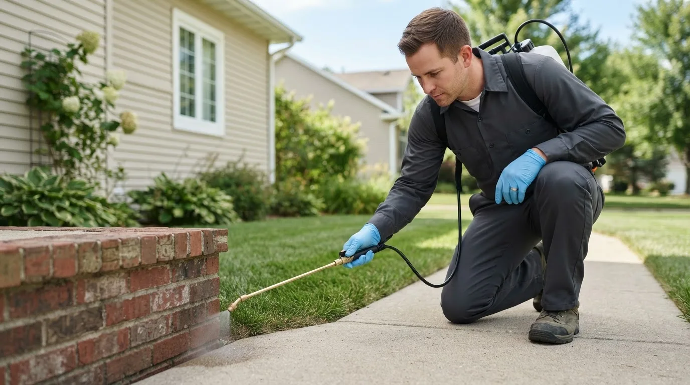 Pest control technician treating a home near Cassoday, KS